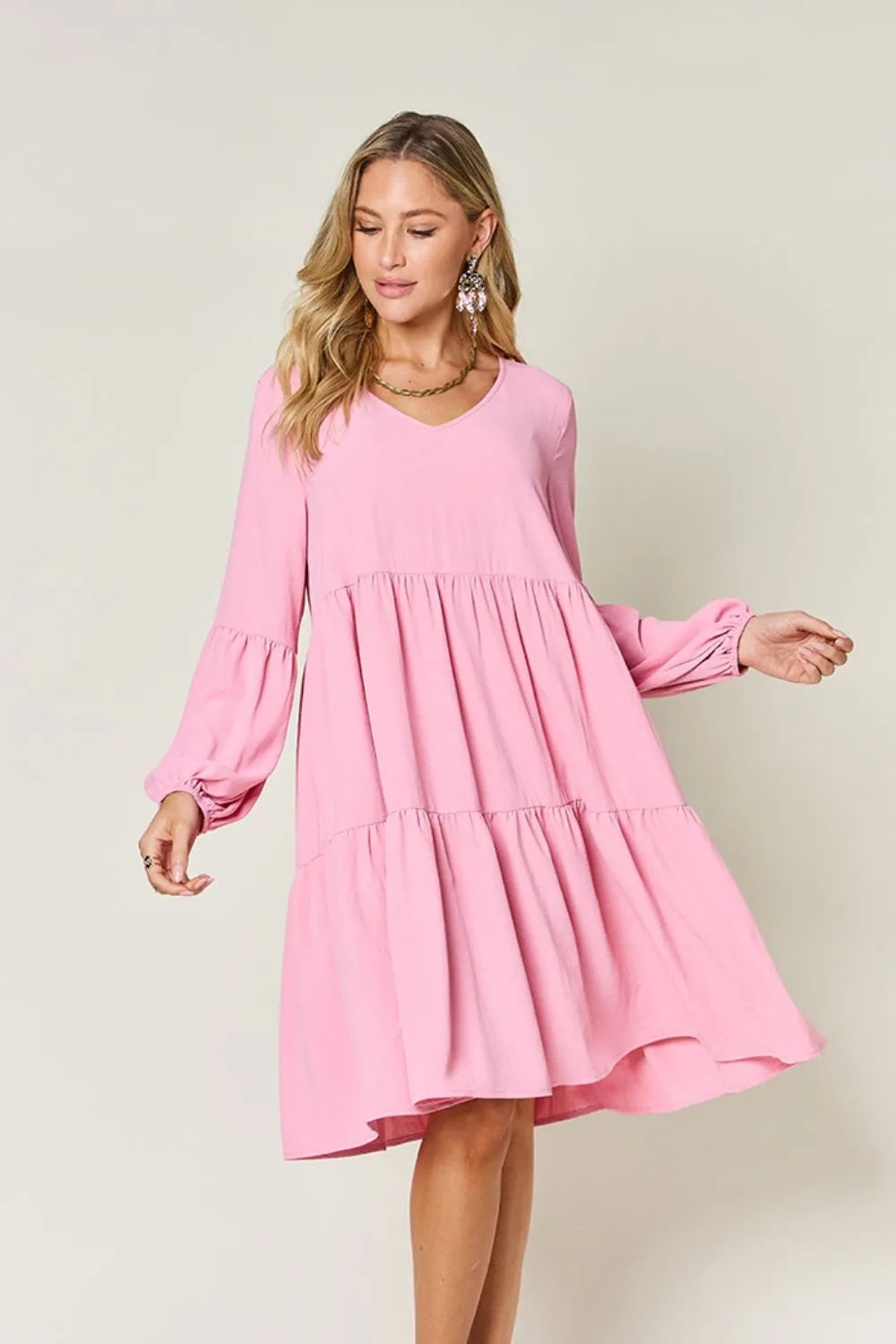 Full Size V-Neck Balloon Sleeve Tiered Dress with Pockets in Light Green, Pink and more - product view 8