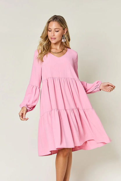 Full Size V-Neck Balloon Sleeve Tiered Dress with Pockets in Light Green, Pink and more - product view 8