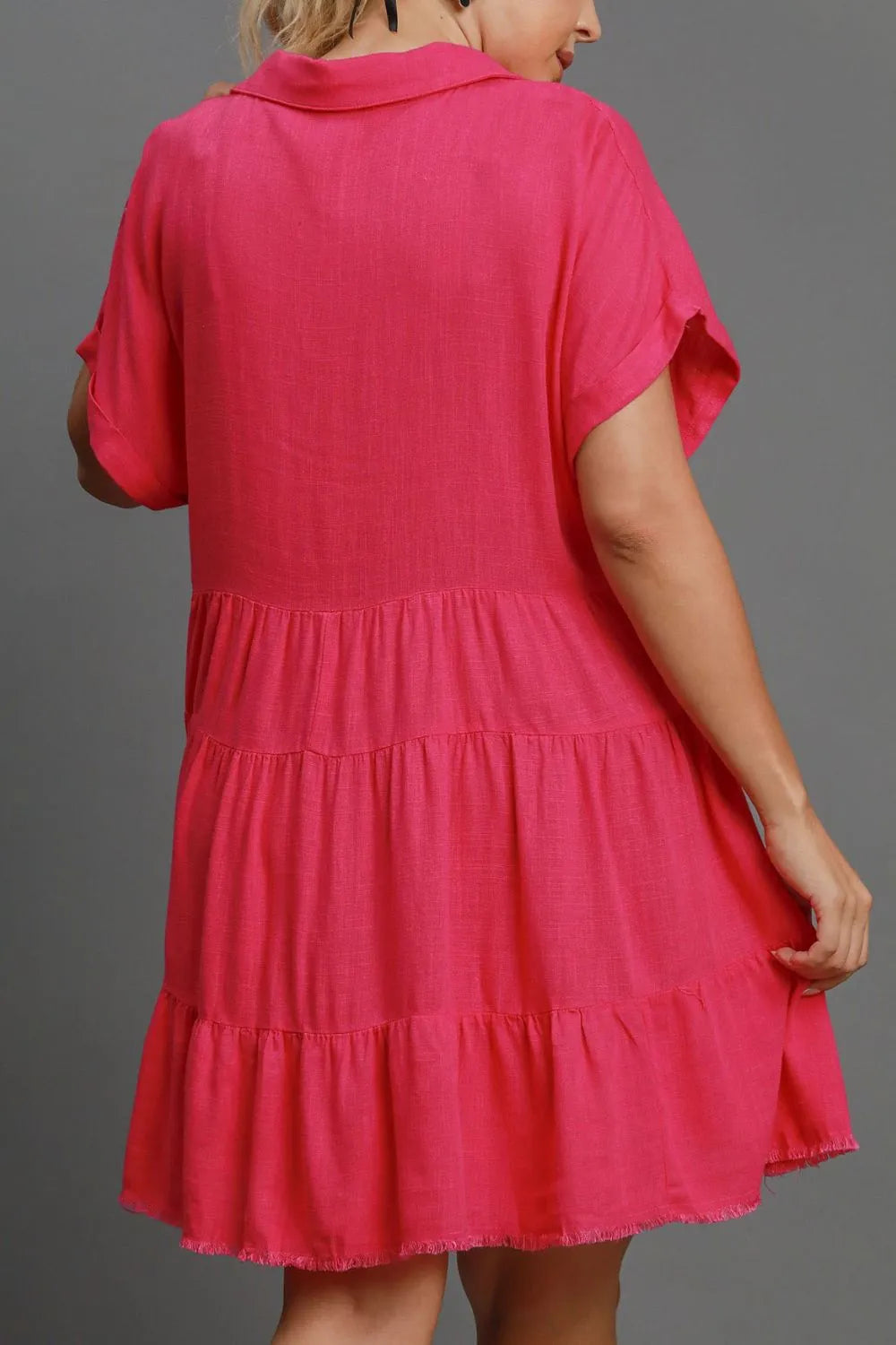 Full Size Raw Hem Folded Sleeve Tiered Dress Plus Size - Hot Pink - product view 3