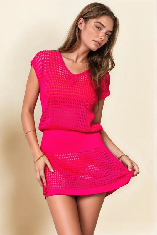 Sleeveless V Neck Mesh Knit Cover Up Dress in Neon Fuchsia - product view 1