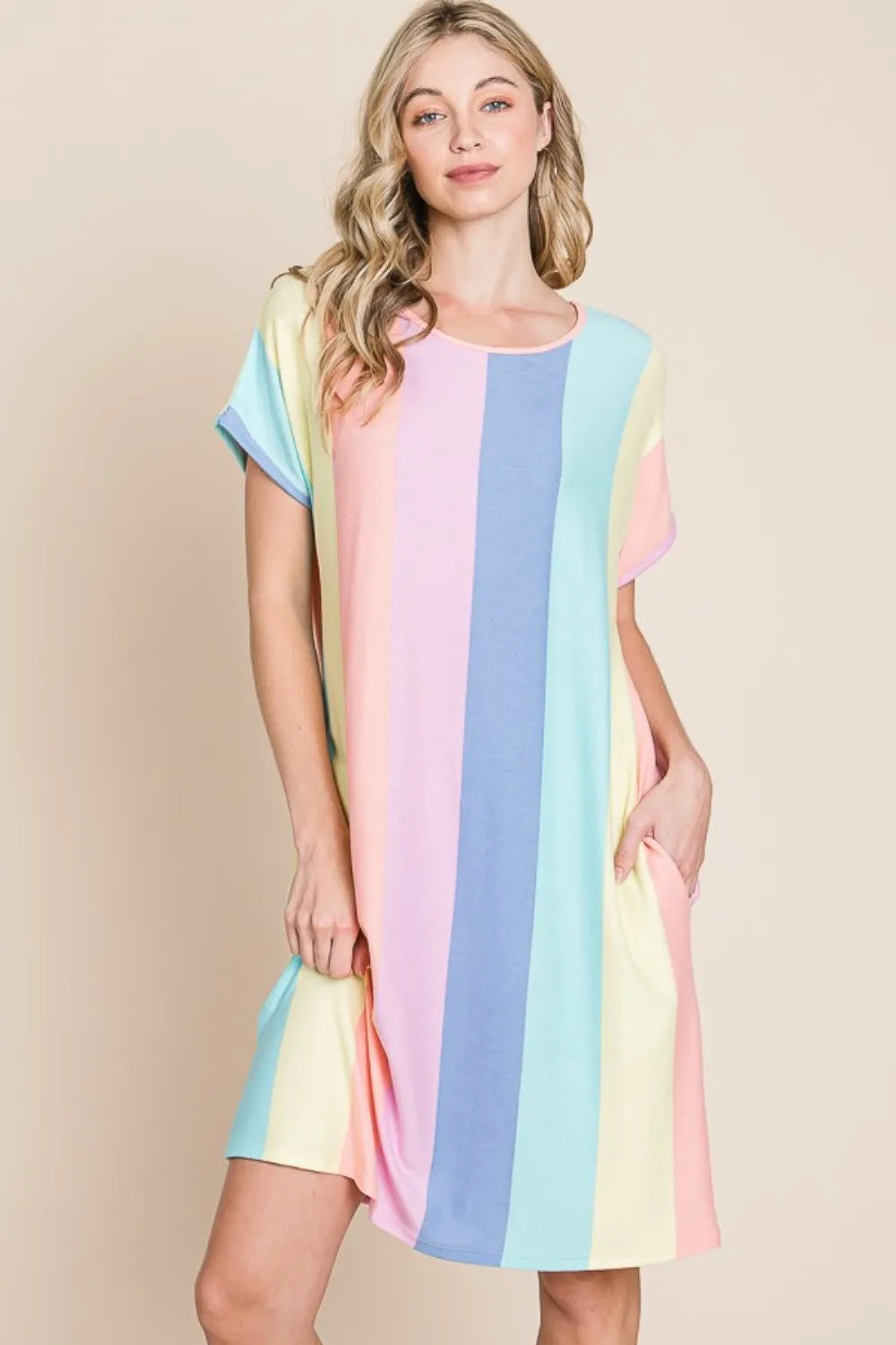 Striped Short Sleeve Dress with Pockets - Stripe - BOMBOM - Style 41996 - product view 3