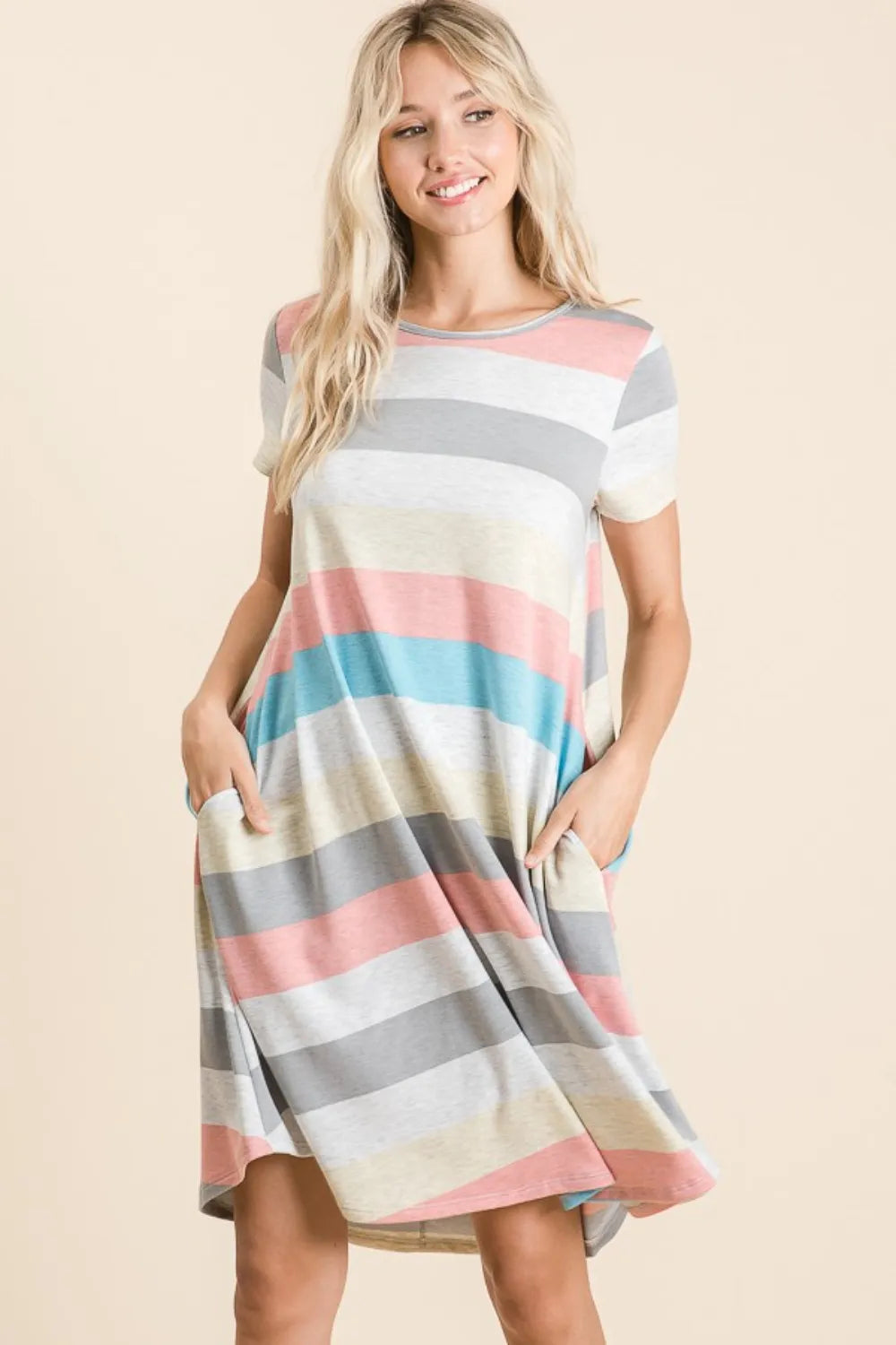 Striped Short Sleeve Dress with Pockets - Stripe - BOMBOM - Style 21310 - product view 4