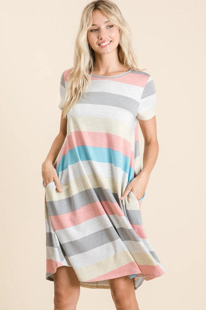 Striped Short Sleeve Dress with Pockets - Stripe - BOMBOM - Style 21310 - product view 4
