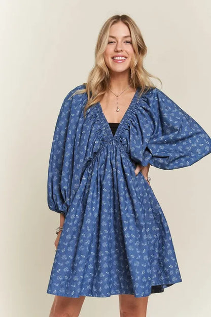 Batwing Sleeves Floral Dress in Denim/White - product view 5
