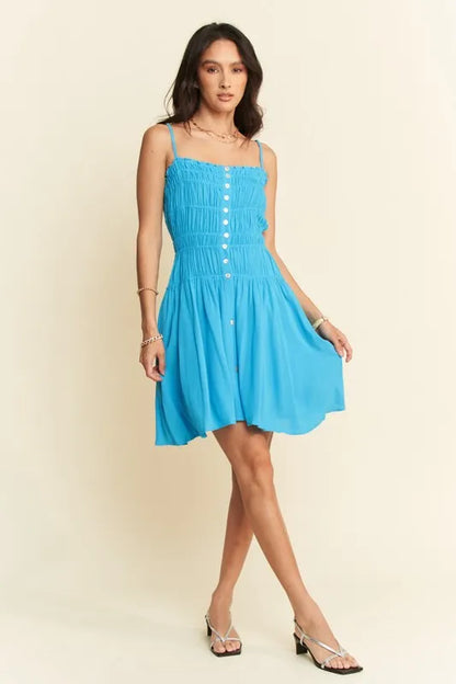 Smocking Bodice Sleeveless Button Down Mini Dress in Azure - product view 7