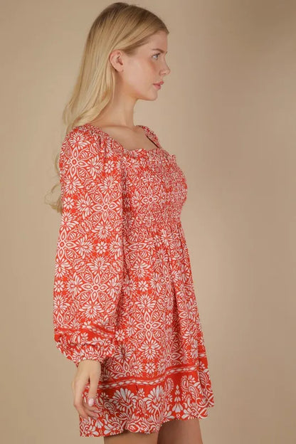Printed Smocked Chest Boho Mini Dress - Rust - product view 3