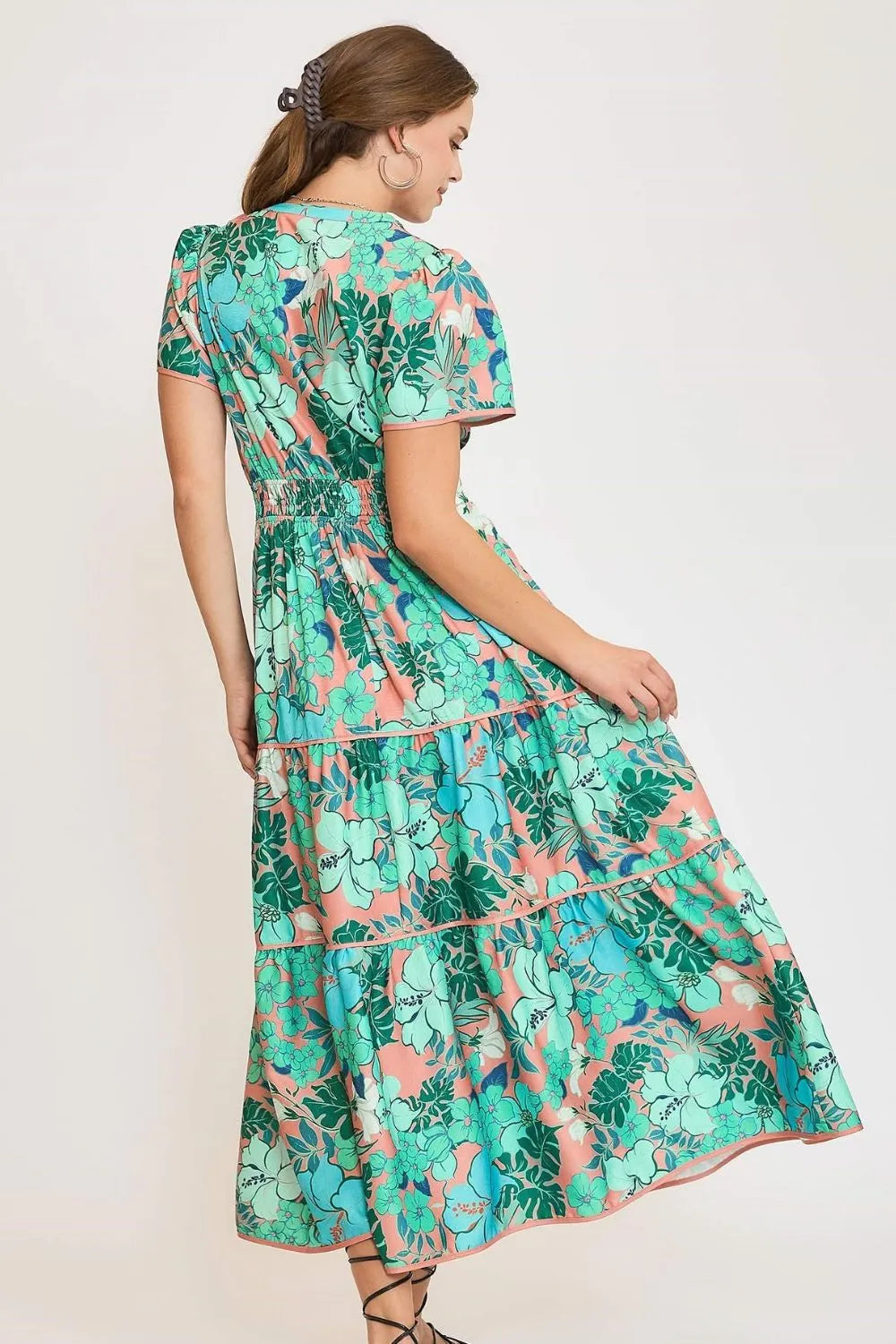 Full Size Printed Notched Short Sleeve Tiered Dress Plus Size - Teal - product view 3