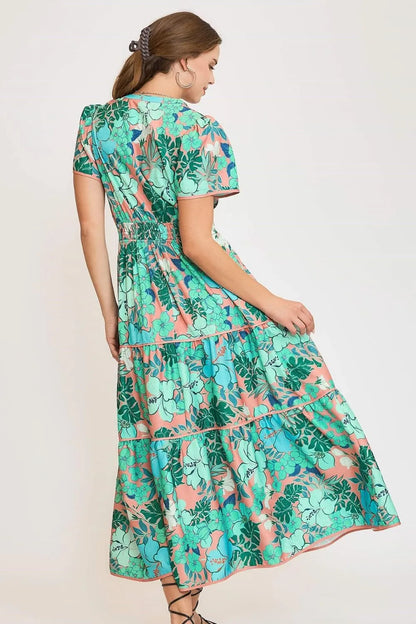 Full Size Printed Notched Short Sleeve Tiered Dress Plus Size - Teal - product view 3