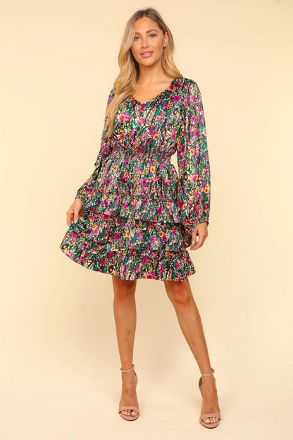 V-Neck Satin Floral Layered Dress in Multi - product view 1