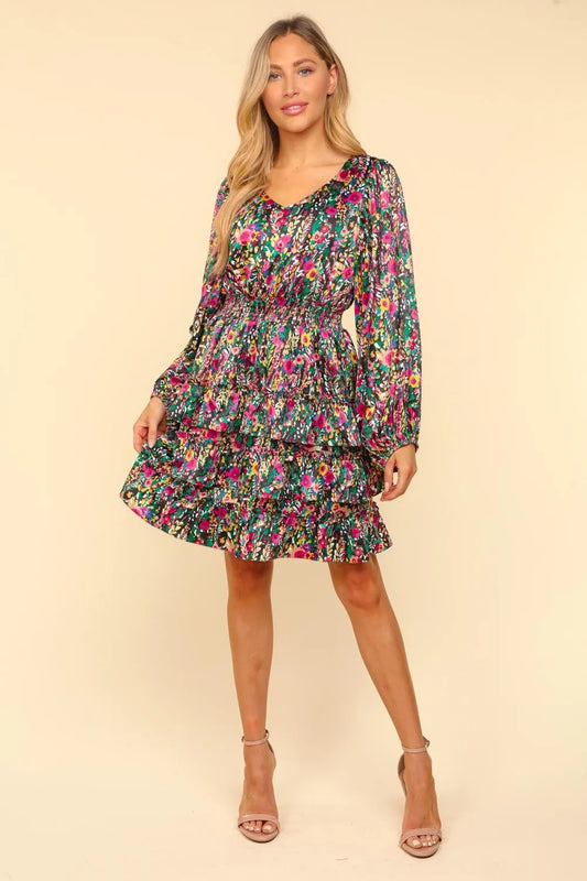 V-Neck Satin Floral Layered Dress in Multi - product view 1