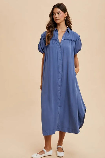 Mineral Washed Button Down Puff Sleeve Shirt Dress - Peacock Blue - product view 5