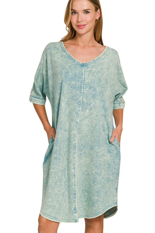 Acid-washed French Terry Tee Shirts Dress - Ash Blue - product view 1