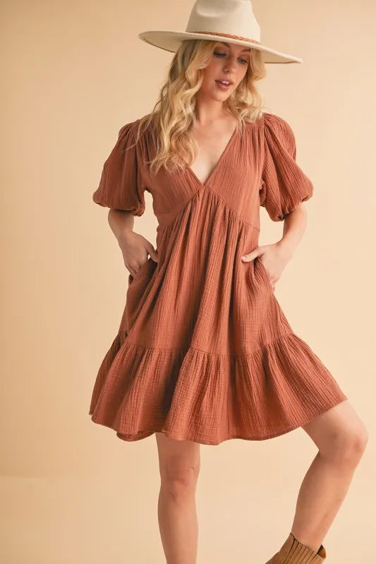 Tied Back Ruffled Short Sleeve Mini Dress - Terracotta - product view 4