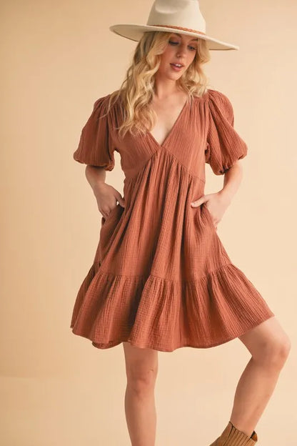 Tied Back Ruffled Short Sleeve Mini Dress - Terracotta - product view 4