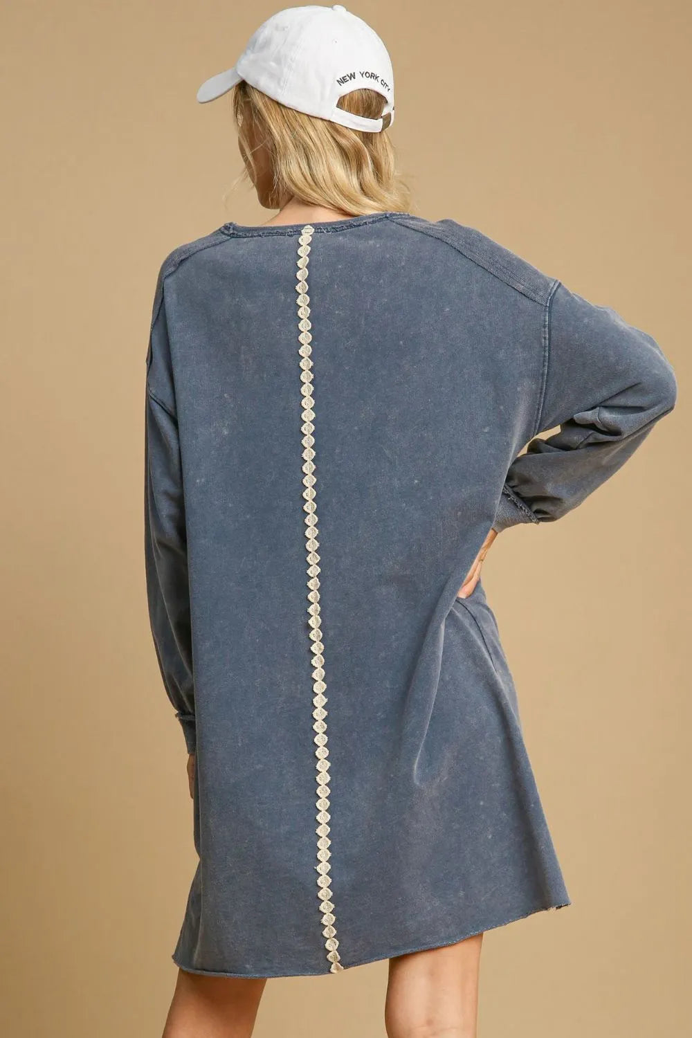 Peace Lace Applique Frayed Hem French Terry Mini Dress in Dusty Blue - product view 2