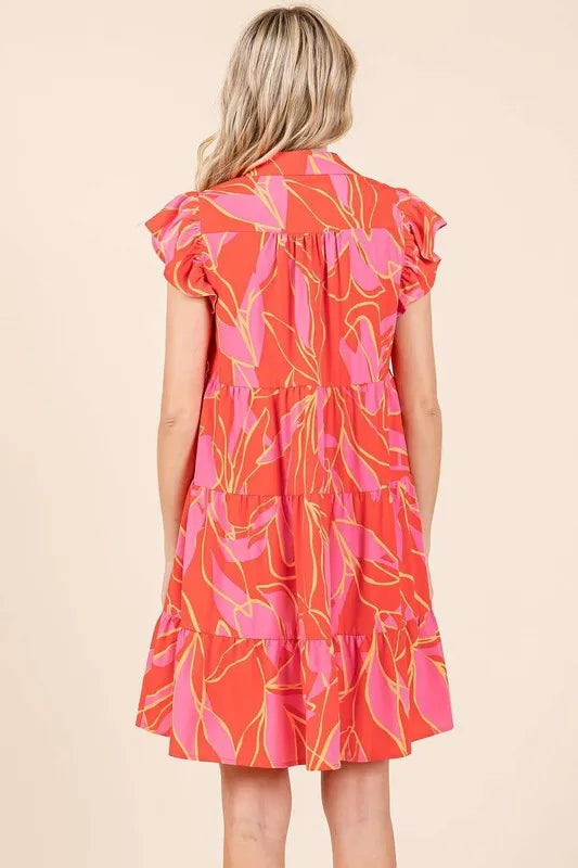 Leaf Print Ruffle Sleeve Tiered Mini Dress - Coral - product view 5