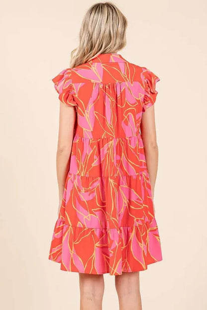 Leaf Print Ruffle Sleeve Tiered Mini Dress - Coral - product view 5