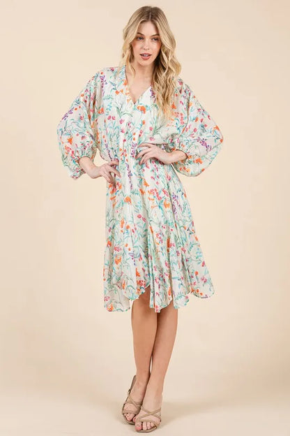 Floral Cinched Waist Balloon Sleeve V-Neck Dress in Ivory Floral - product view 9