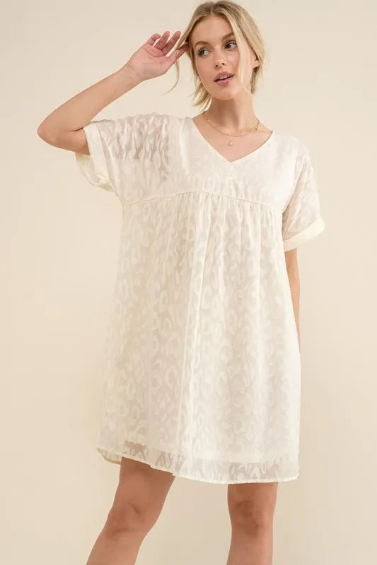 Woven Leopard Baby Doll Roll-Sleeve Casual Dress - White - product view 8