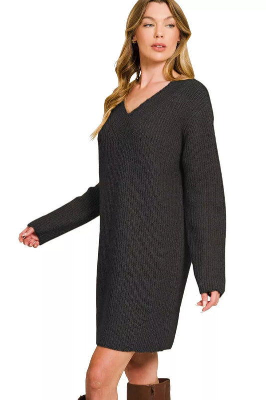 V-Neck Long Sleeve Ribbed Sweater Dress in Black - product view 2