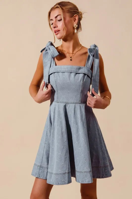 A Line Fit and Flare Diamond Bow Ribbon Denim Dres in Lt Denim - product view 3