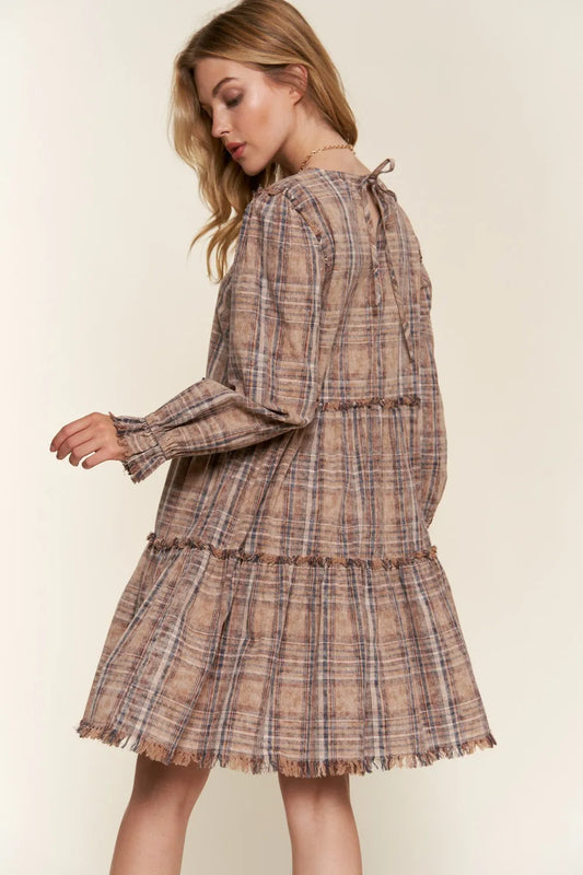 Full Size Washed Frayed Tiered Plaid Dress in Brown - product view 2