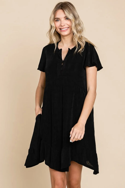Full Size Short Sleeve Ruffled Asymmetric Hem Dress - Black - product view 1