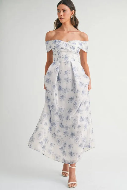 Floral Printed Off Shoulder Maxi Dress in Blue - product view 3
