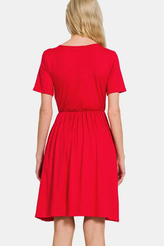 Surplice Short Sleeve Brushed DTY Dress - Red - product view 2