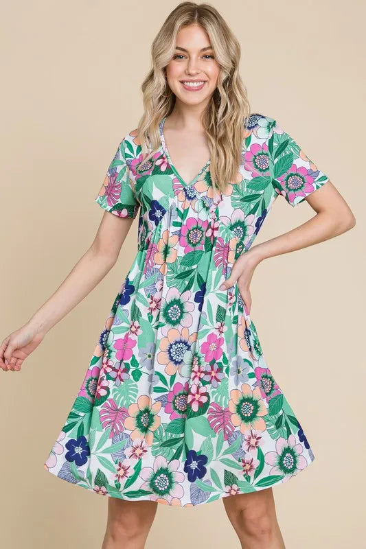 Ruched Floral V-Neck Short Sleeve Dress in Gum Leaf - product view 1