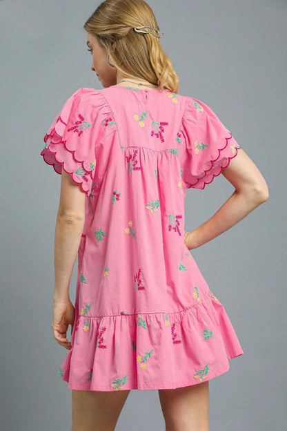 Floral Embroidered Short Sleeve Mini Dress - Pink - product view 3
