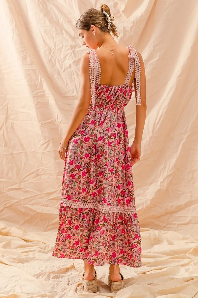 Floral Maxi Dress With Ribbon Tie Lace Strap in Pink Combo - product view 10