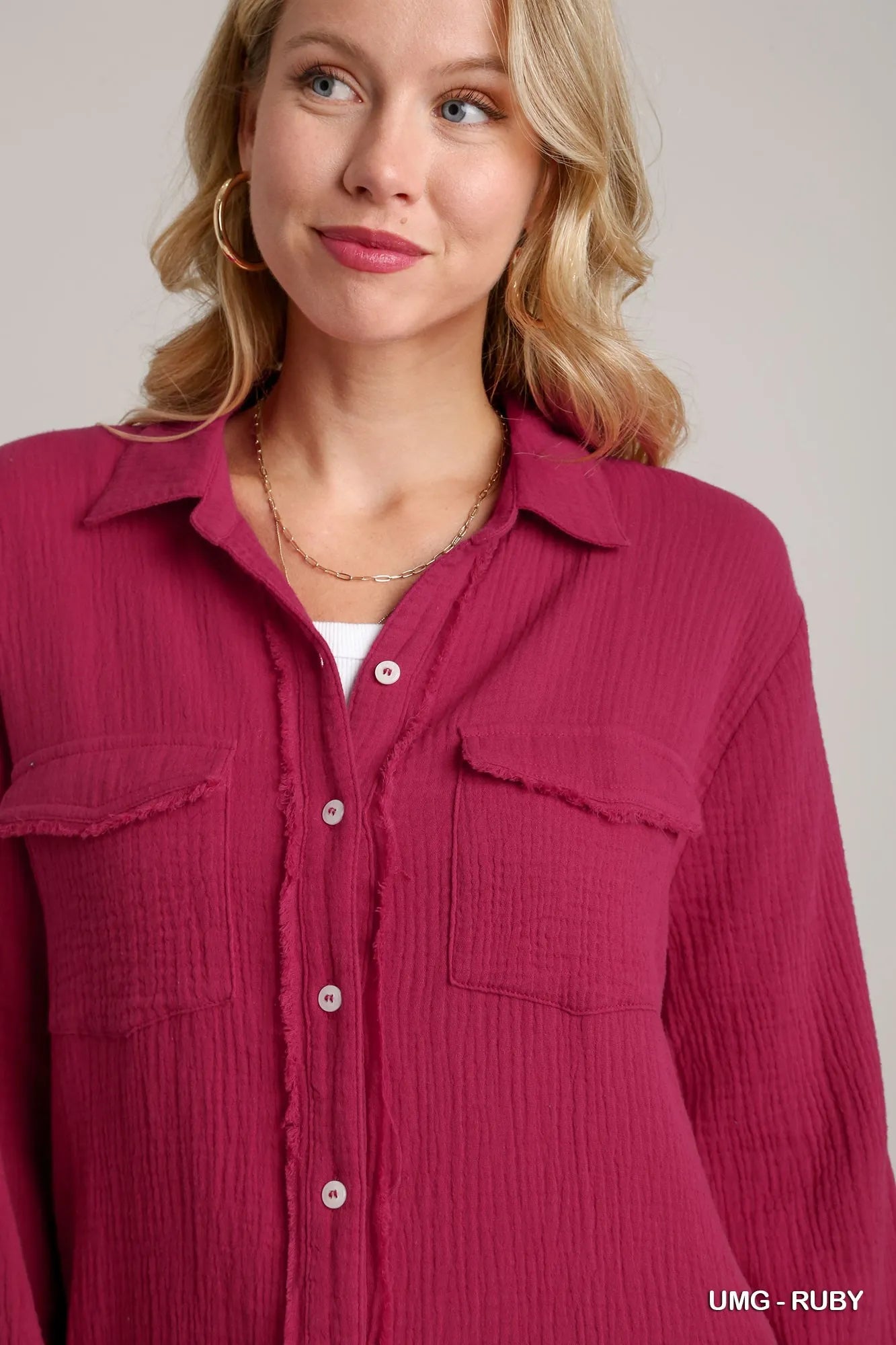 Cotton Gauze Button Down Shirt Dress in Umg-Ruby - product view 5
