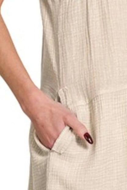 Washed Double Gauze Raw Edge V-neck Dress - Sand Beige - product view 3