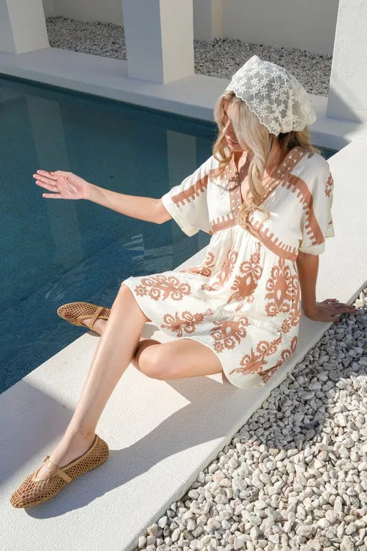 Printed V-Neck Woven Mini Dress in Ivory - product view 1