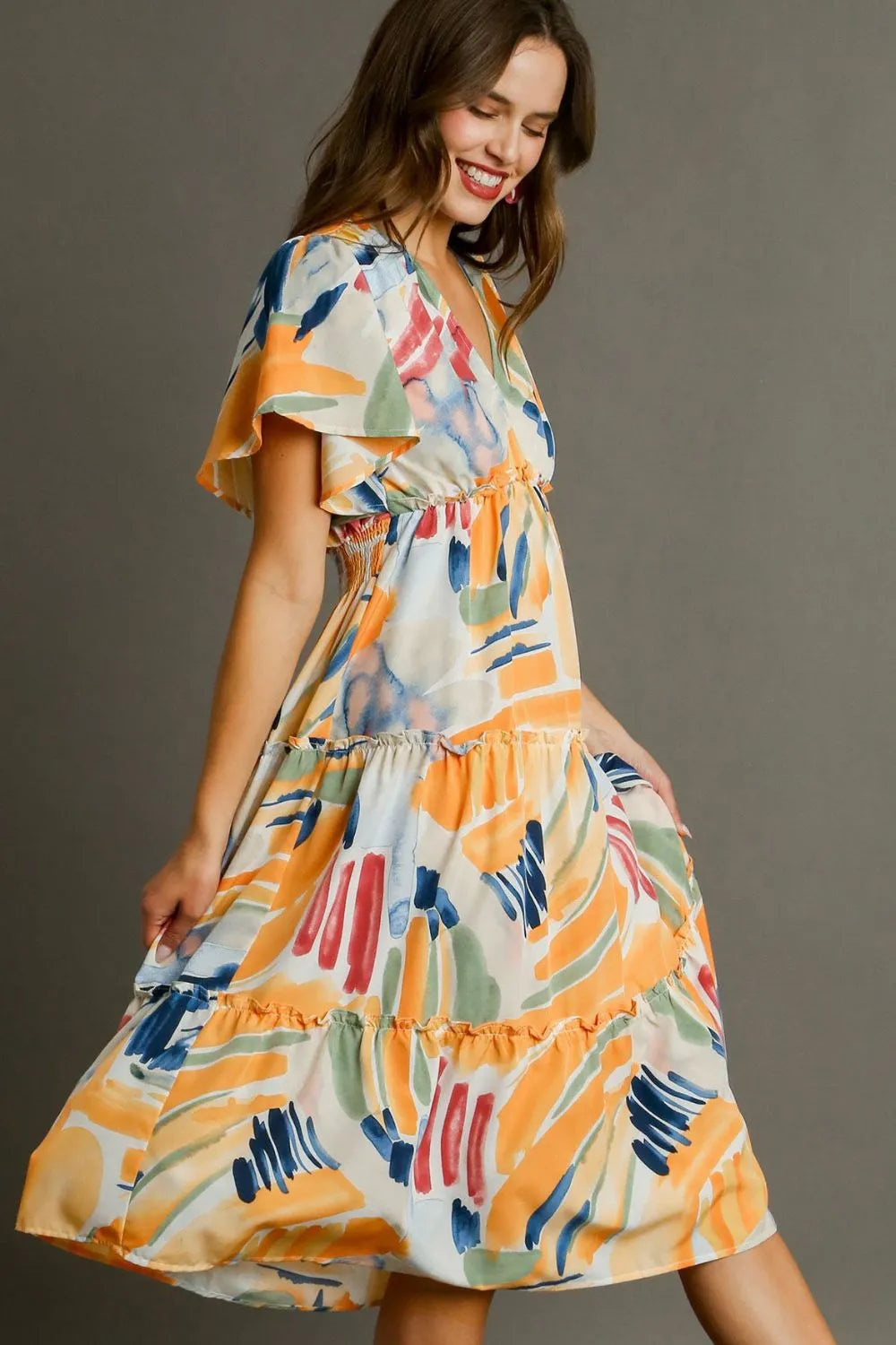 Full Size Abstract Print Flutter Sleeve Frill Tiered Midi Dress Plus Size in Tangerinemix - product view 2