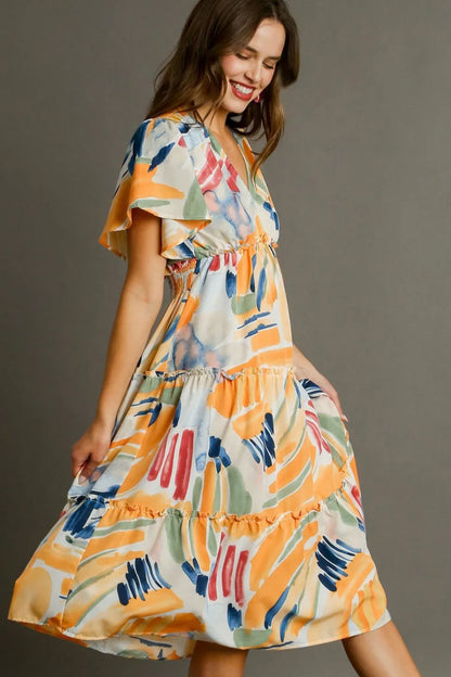 Full Size Abstract Print Flutter Sleeve Frill Tiered Midi Dress Plus Size in Tangerinemix - product view 2