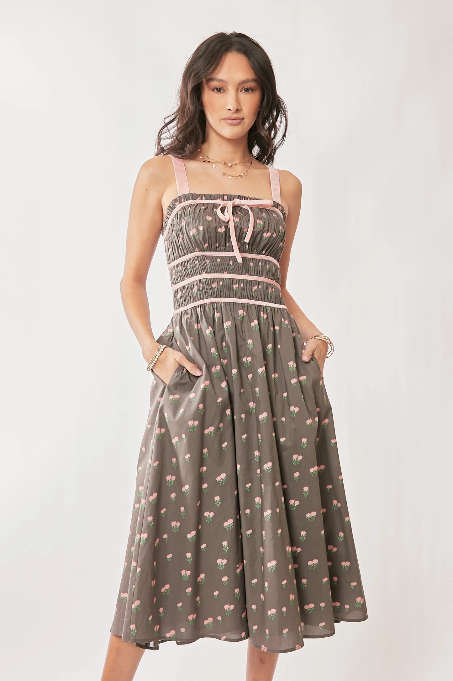 Contrast Velvet Tape Smocking Bodice Midi Dress in Mocha Brown - product view 5
