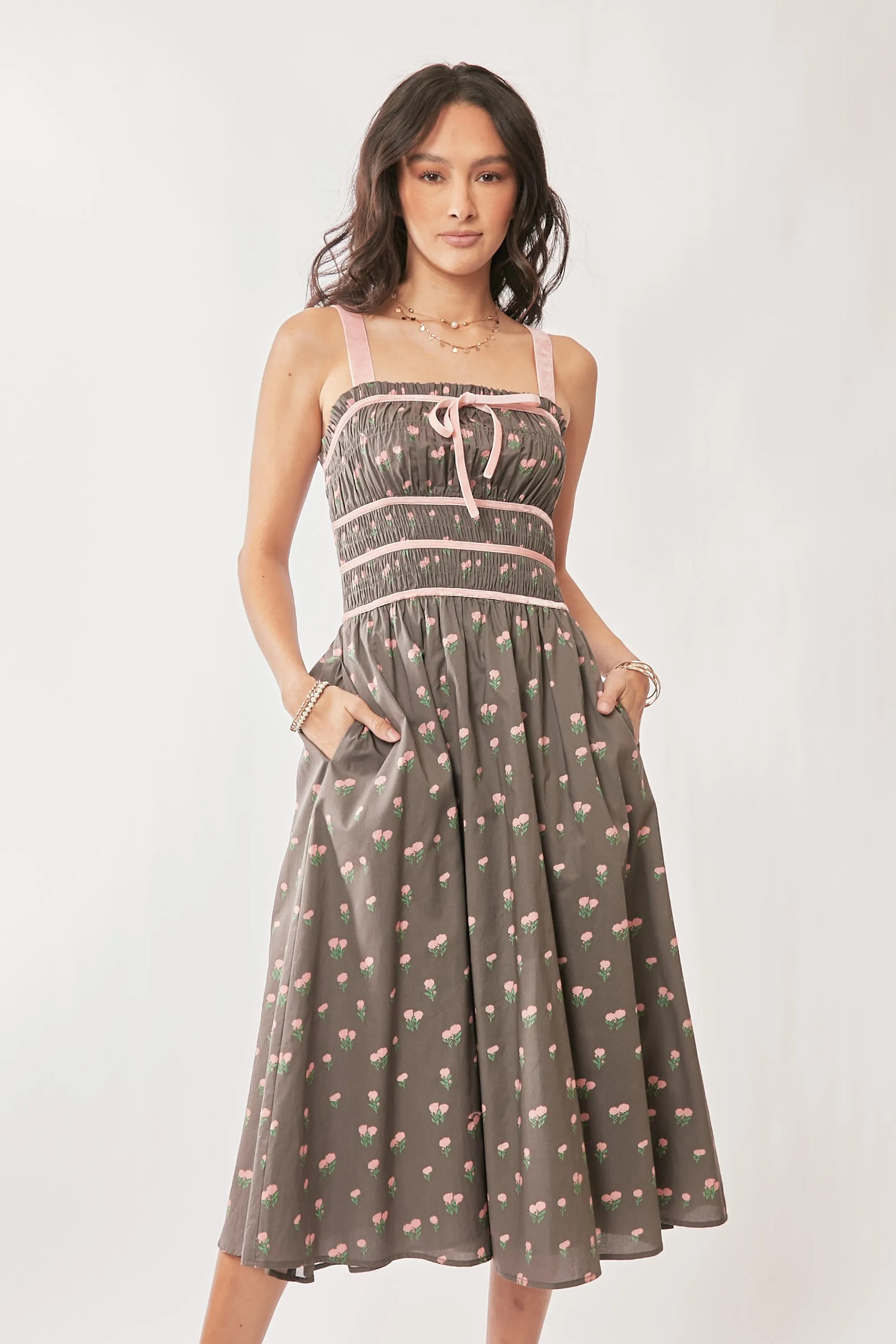 Contrast Velvet Tape Smocking Bodice Midi Dress in Mocha Brown - product view 5