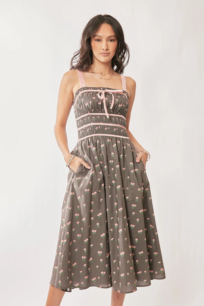 Contrast Velvet Tape Smocking Bodice Midi Dress in Mocha Brown - product view 5