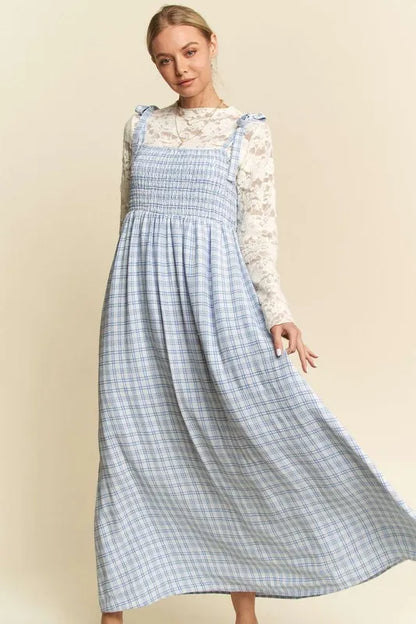 Plaid Smocking Sleeveless Maxi Dress in Blue - product view 4
