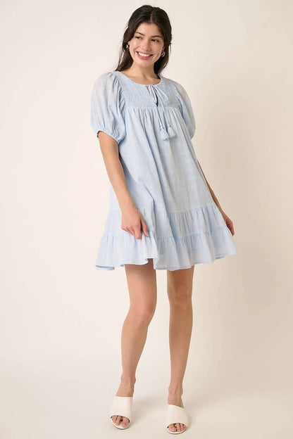 Tassel Tie Plaid Gauze Short Sleeve Mini Dress in Blue - product view 5