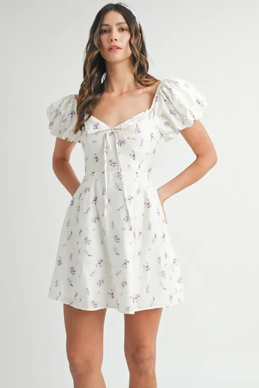 Floral Print Puff Sleeve Mini Dress - Off White - product view 1