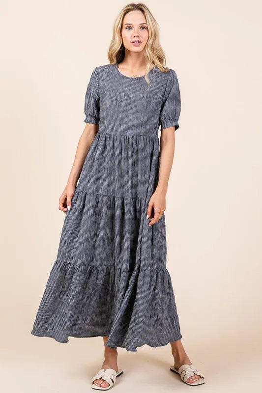 Textured Short Sleeve Tiered Dress in Charcoal - product view 1