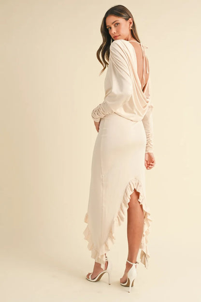 Backless Asymmetric Ruffle Hem Dress - Cream - product view 3