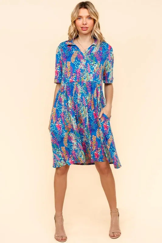 Johnny Collar Babydoll Dress with Side Pockets - Blue - product view 1