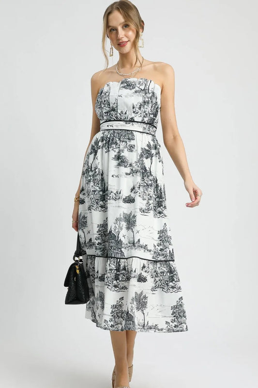 Printed Tiered Tube Midi Dress in Black - product view 1