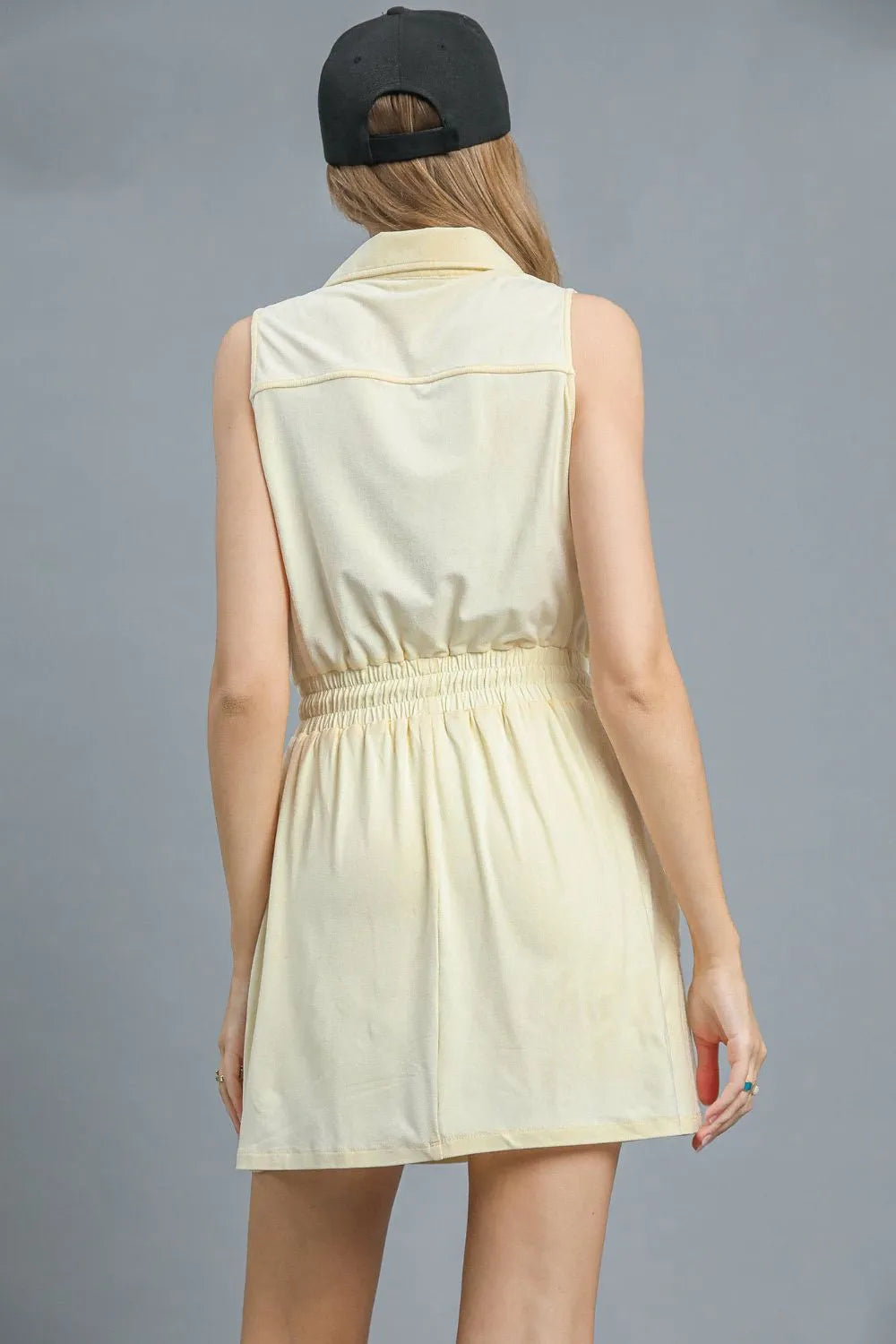 Zip Front Drawstring Waist Sleeveless Dress in Pastel Yellow - product view 2