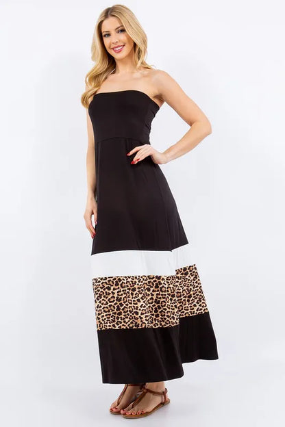 Full Size Leopard Color Block Tube Maxi Dress Plus Size in Black - product view 4