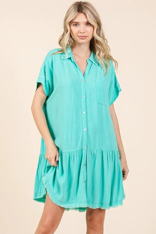 Linen Blend Button Down Shirt Mini Dress in Aqua - product view 3